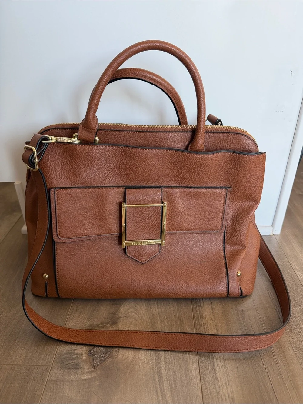 Steve Madden Brown Leather Top-Handle Satchel Bag with Gold Hardware